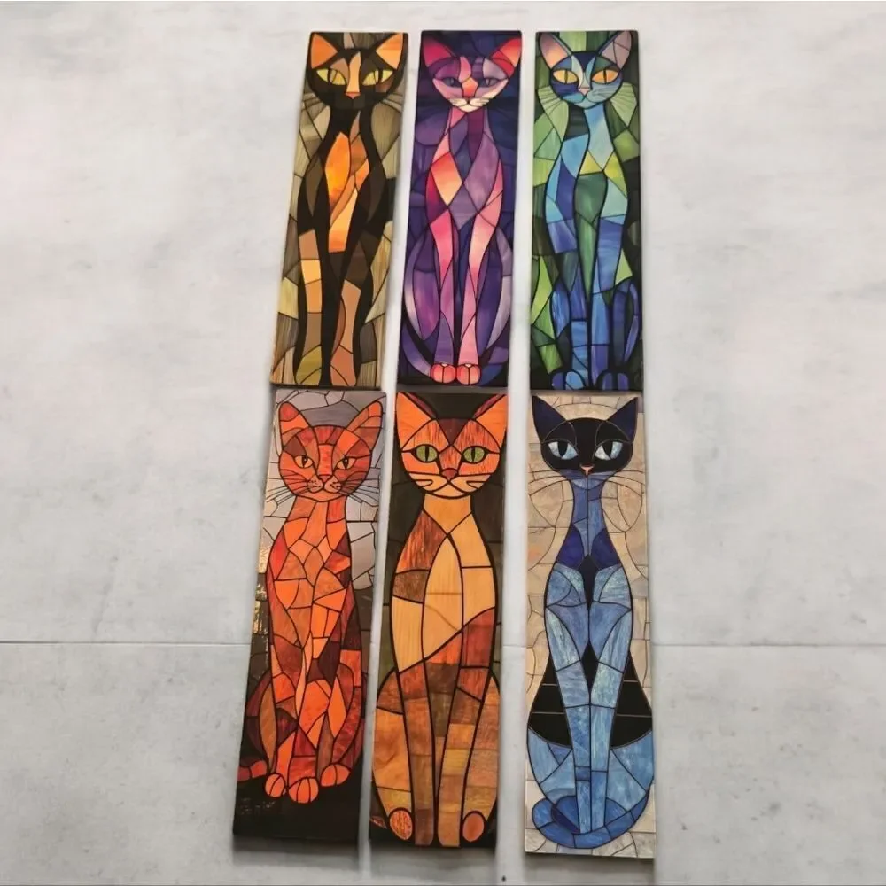 6pc Black Cat Bookmark Set Stained Glass Mosaic Bookmarks Gothic Kawaii Reading